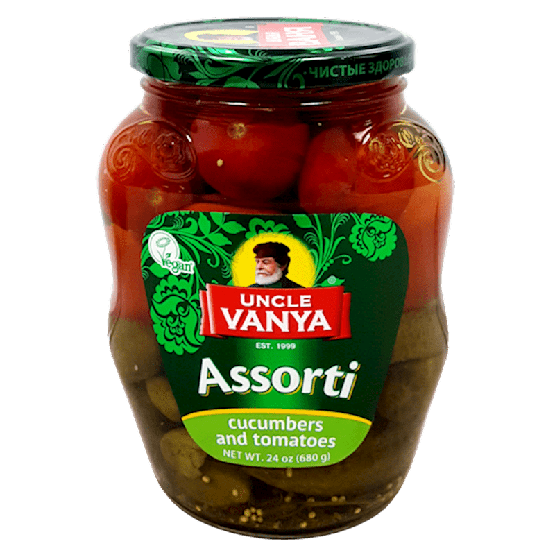 UNCLE VANYA VEGETABLES ASSORTI (PICKLED CUCUMBERS AND TOMATOES), 680ML