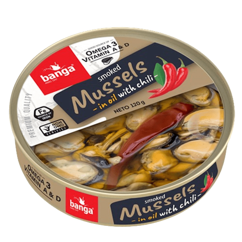 BANGA  SMOKED MUSSELS IN OIL W/CHILLI 120GR LATVIA