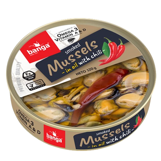 BANGA  SMOKED MUSSELS IN OIL W/CHILLI 120GR LATVIA