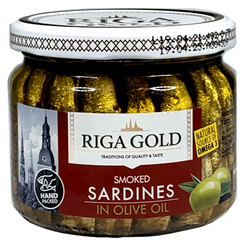 RIGA GOLD SMOKED SARDINES IN OLIVE OIL GLAS JAR 270GR.