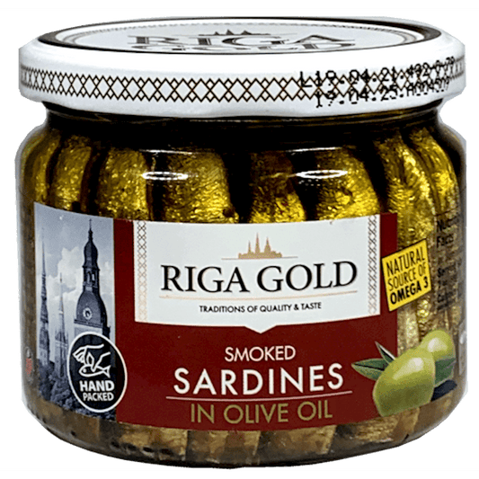 RIGA GOLD SMOKED SARDINES IN OLIVE OIL GLAS JAR 270GR.