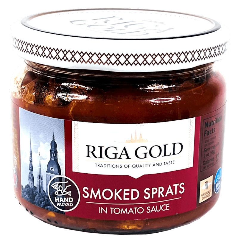 RIGA GOLD SMOKED SPRATS IN TOMATO SAUCE GLAS JAR 250GR.