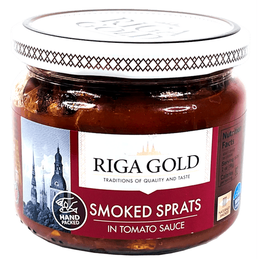 RIGA GOLD SMOKED SPRATS IN TOMATO SAUCE GLAS JAR 250GR.